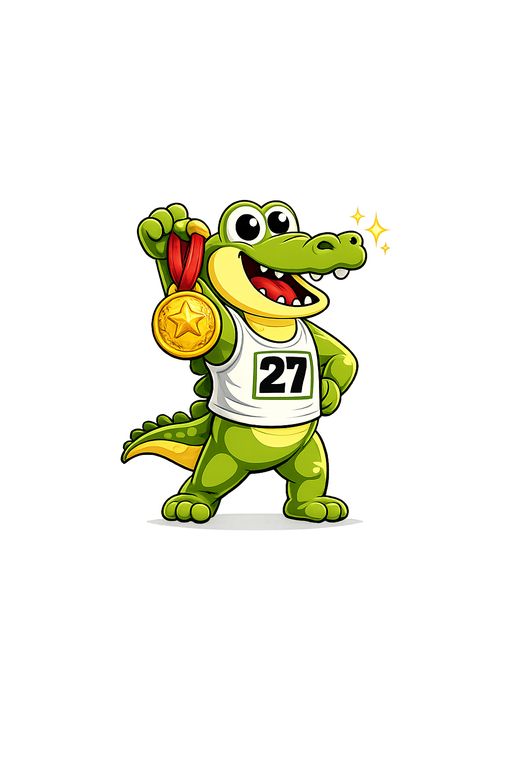 Gary Gator celebrating with a race medal