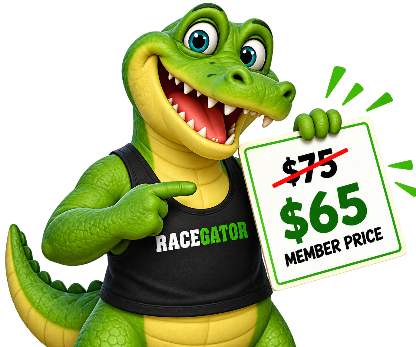 Gary the Race Gator mascot showing a lower member race price